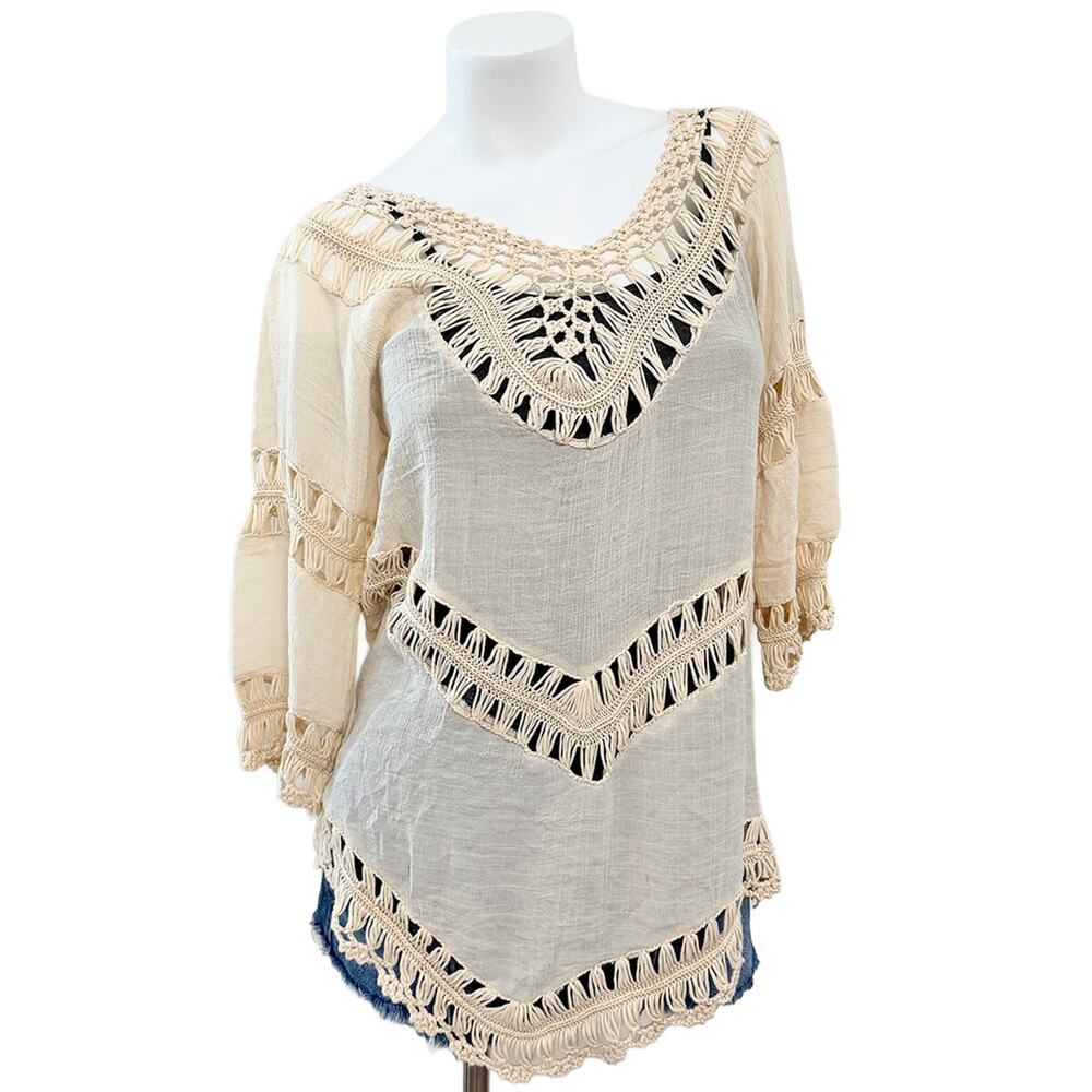linen crochet tunic women medium sheer peasant blouse hippie indie artisan